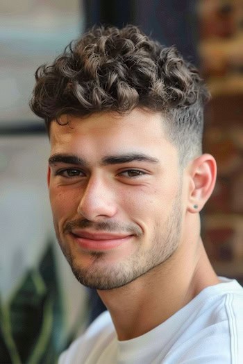 Curly Textured Top With Fade Hairstyle on a man with brown hair.