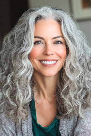 High Volume Gray Curls with Face-Framing Highlights Hairstyle on a smiling older woman with highlighted gray hair.