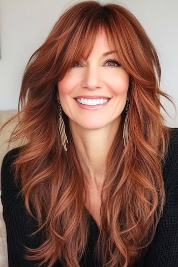 Long Shag with Face-Framing Bangs Hairstyle on a smiling woman with copper red hair.