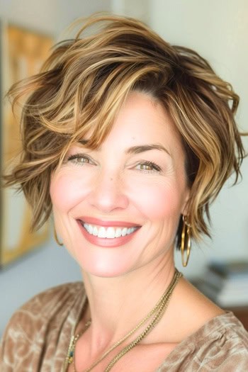 Textured Wavy Pixie Haircut on a smiling woman with caramel brown hair.