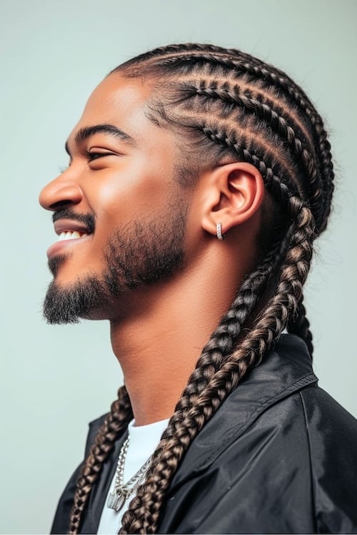 Cornrow braids on smiling young man.
