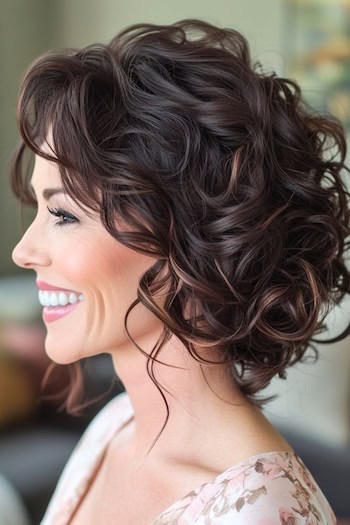 Curly Updo with Loose Tendrils Hairstyle on a smiling older woman with brown hair, side view.
