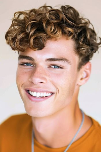 Highlighted Curls With Undercut Hairstyle on a smiling man with brown hair.