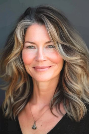 Mid-Length Wavy Layers Haircut on a smiling woman with brown hair.