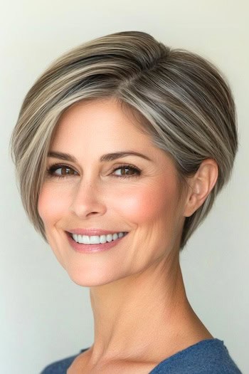 Pixie Bob Hairstyle on a smiling woman in her 50s with short brown hair streaked with blonde highlights.