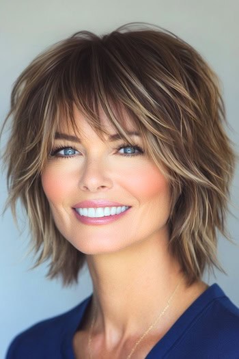 Textured Wispy Shag Hairstyle on a smiling woman with brown hair and blonde highlights.
