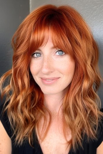 Copper Shag Hairstyle on a smiling woman with vibrant copper red hair.