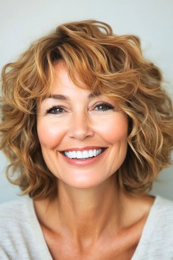 Cropped Curly Layers with Bangs Hairstyle on a smiling older woman with light brown hair.