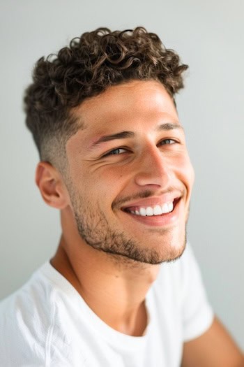 Curly Taper Fade Hairstyle on a smiling man with brown hair.