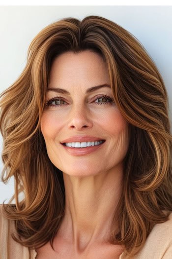 Medium-Length Layers Hairstyle on a smiling woman in her 50s with brown hair.