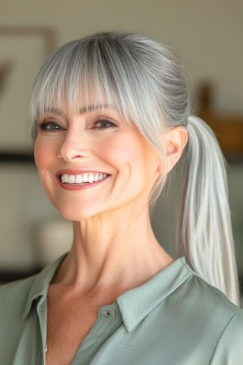 Ponytail with Bangs Hairstyle on a smiling woman in her 70s with long gray hair.