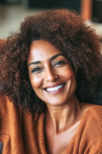 Curly Tapered Afro Hairstyle on a smiling older black woman with brown hair.