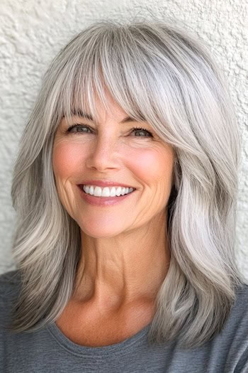 Layered Mid-Length Cut with Bangs Hairstyle on a smiling woman in her 70s with gray hair.