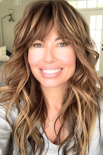 Long Piecey Waves with Bangs Haircut on a smiling woman with brown hair.