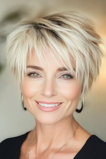 Shaggy Pixie with Tousled Texture Hairstyle on a smiling woman with light blonde hair.
