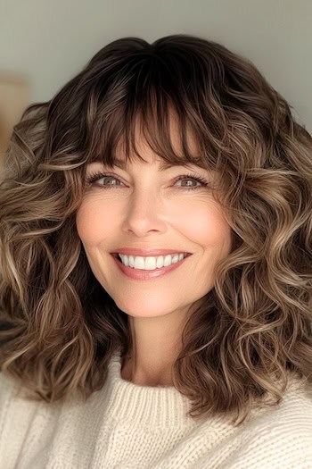 Shoulder-Length Curls with Bangs Hairstyle on a smiling woman in her 50s with curly brown hair.