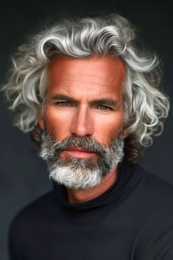 Silver Curly Layers With Beard Hairstyle on a man with silvery gray hair.