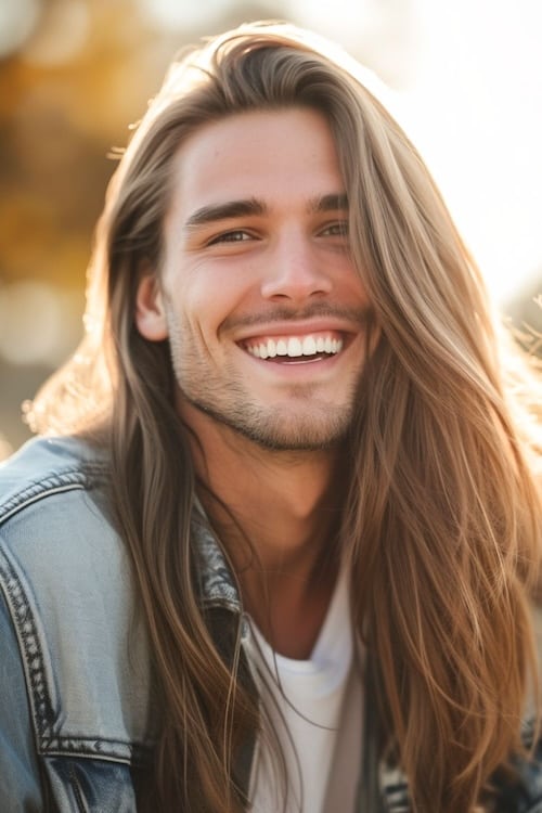 Straight long mens hair with side part.
