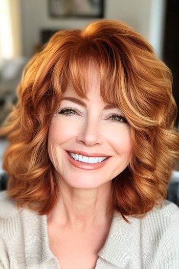 Curled Shoulder-Length Layers with Bangs Hairstyle on a smiling older woman with copper hair.