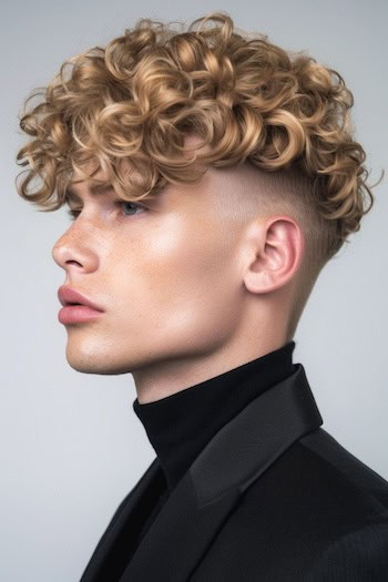 Curly Undercut Fade Hairstyle on a man with blonde hair, side view.