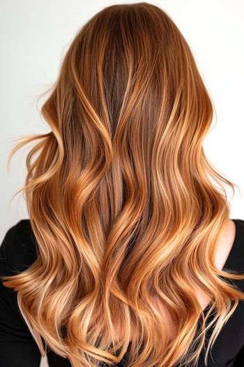 Soft Highlighted Waves Haircut on a woman with golden brown hair, back view.