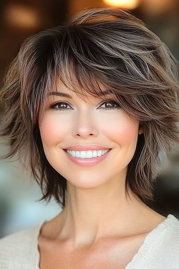 Tapered Shag with Long Layers Hairstyle on a smiling woman with brown hair.