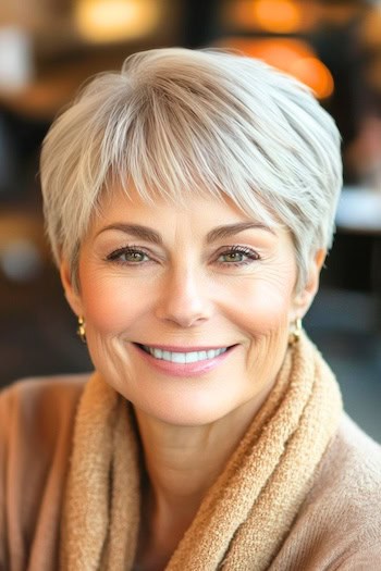 Textured Pixie with Bangs Hairstyle on a smiling woman in her 50s with short gray hair.