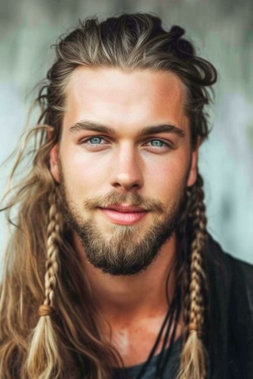Man with long hair and Viking type braids.