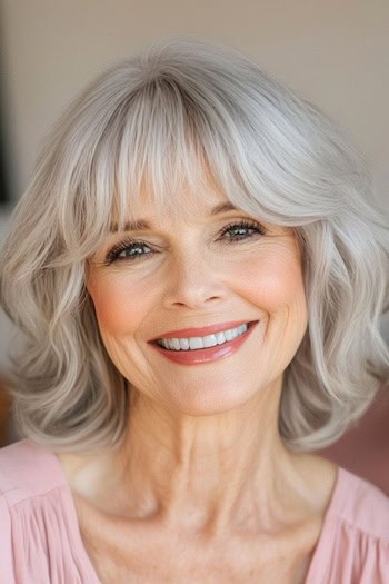 Wavy Layers with Bangs Hairstyle on a smiling woman in her 70s with gray hair.