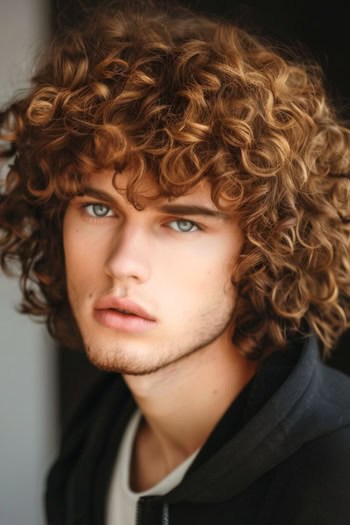 High Volume Curly Shag Hairstyle on a man with brown hair.