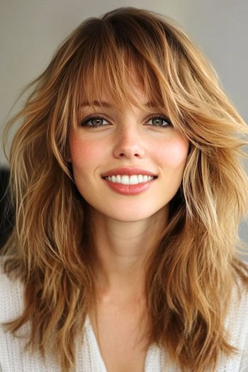 Long Layered Shag with Bangs Hairstyle on a smiling woman with golden brown hair.