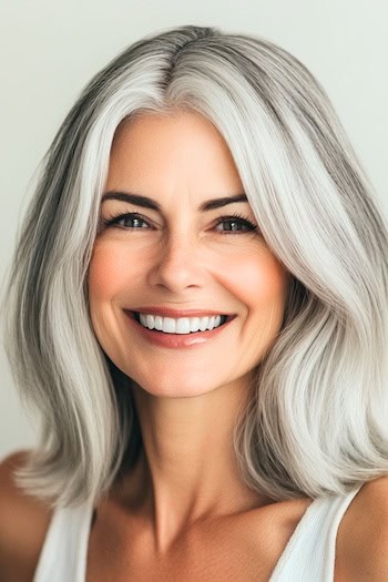 Silver Lob with Flipped Ends Hairstyle on a smiling woman in her 50s with gray hair.