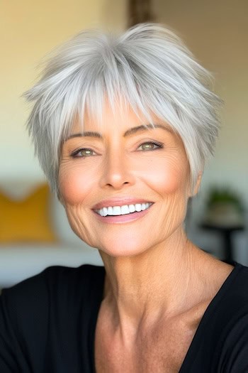 Spiky Pixie with Fringe Hairstyle on a smiling woman in her 70s with gray hair.