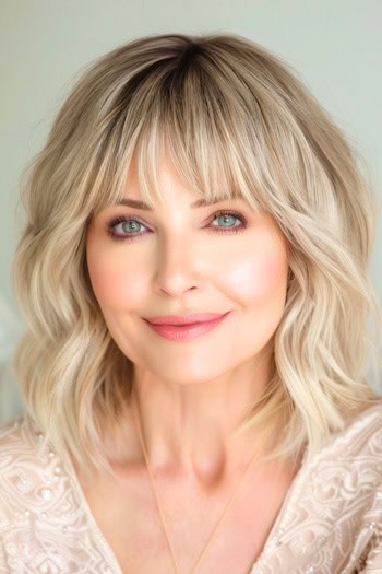 Wavy Long Bob with Full Bangs Haircut on a smiling woman with thick blonde hair.