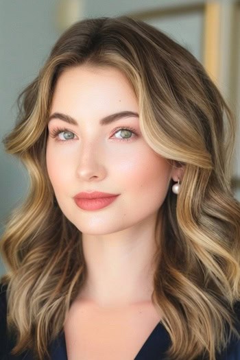 Medium-Length Loose Waves Haircut on a smiling woman with brown hair.