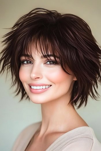 Messy Short Shag with Graduated Layers Hairstyle on a smiling woman with dark brown hair.