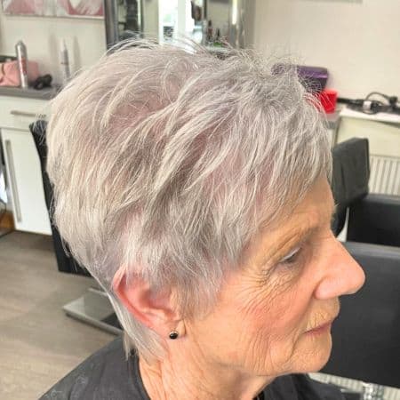 Piecey Silver Pixie with Bangs Haircut
