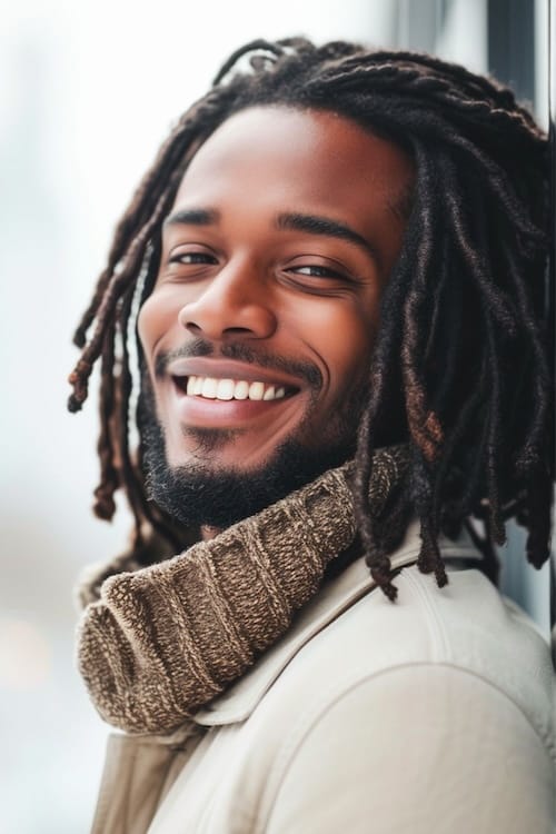 Shoulder-length dreadlocks on smiling young black man.