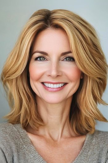 Shoulder-Length Layered Cut Hairstyle on a smiling woman in her 50s with dark honey blonde hair.