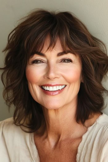 Tousled Shoulder-Length Layers with Bangs Hairstyle on a smiling woman in her 70s with brown hair.
