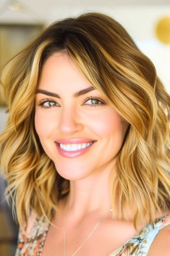 Beachy Wavy Lob (Long Bob) Haircut on a smiling woman with golden brown thick hair.