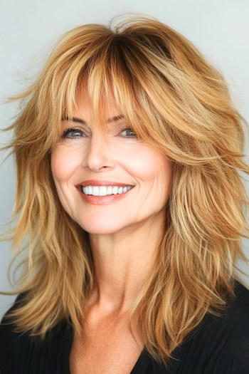 Medium Tapered Shag with Wispy Bangs Hairstyle on a smiling woman with honey blonde hair.