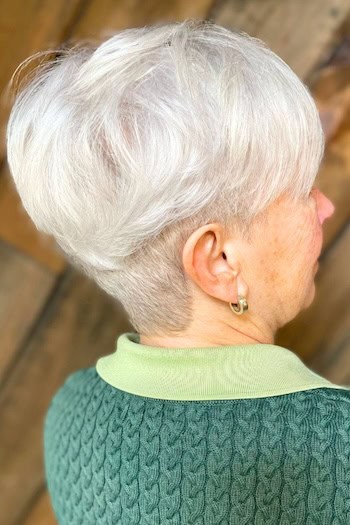 Rounded Silver Pixie Haircut, back view.