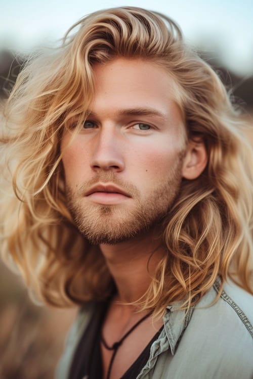 Textured long blond waves with side part on young man.