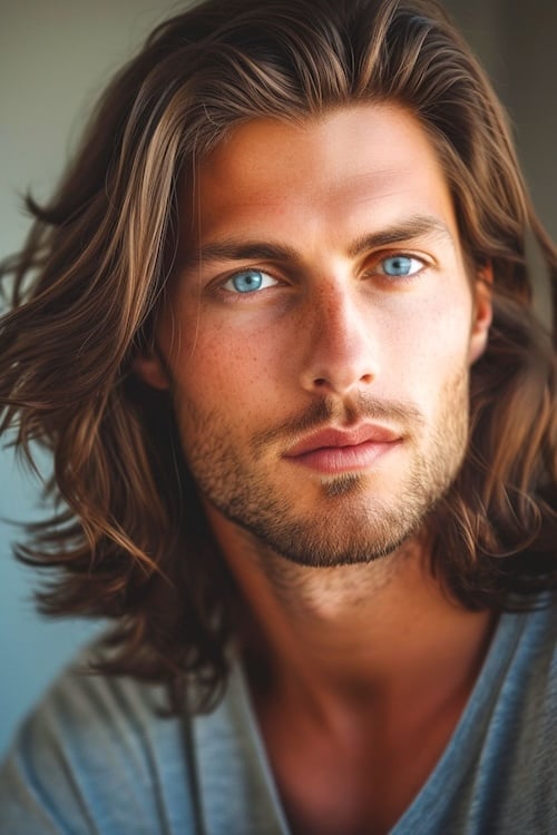 Face-framing layers of long hair on attractive man with blue eyes.