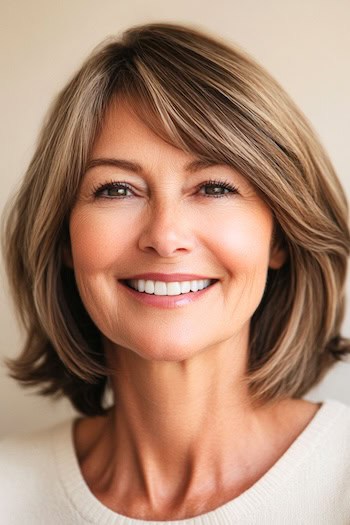 Layered Bob with Side Swept Bangs Hairstyle on a smiling woman in her 50s with brown hair.
