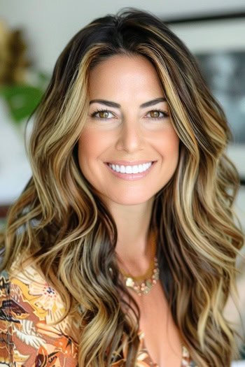Long Loose Face-Framing Wavy Hair Haircut on a smiling woman with thick brown hair.