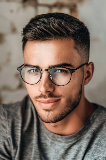 Side Parted Crew Cut with Glasses Haircut For Men.