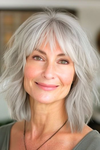 Silver Shaggy Long Bob with Bangs Hairstyle on a smiling woman with gray hair.