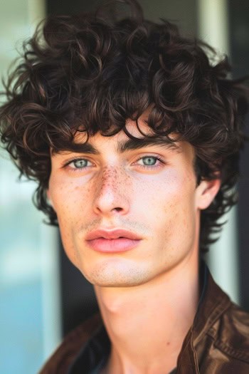 Tousled Shaggy Curls Hairstyle on a man with dark brown hair.